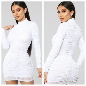 Fashionova Paparazzi Ruched Long Sleeve White Mini Mesh Dress Mock Neck